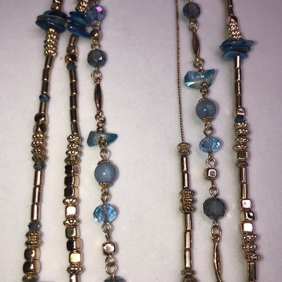 Very Long Triple Strand Goldtone & Blue Painted Shells Necklace 36” - Picture 10 of 12